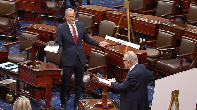 Senate Majority Leader John Thune and Minority Leader Chuck Schumer debate government funding on Senate floor on Tuesday, Sept. 30, 2025. 